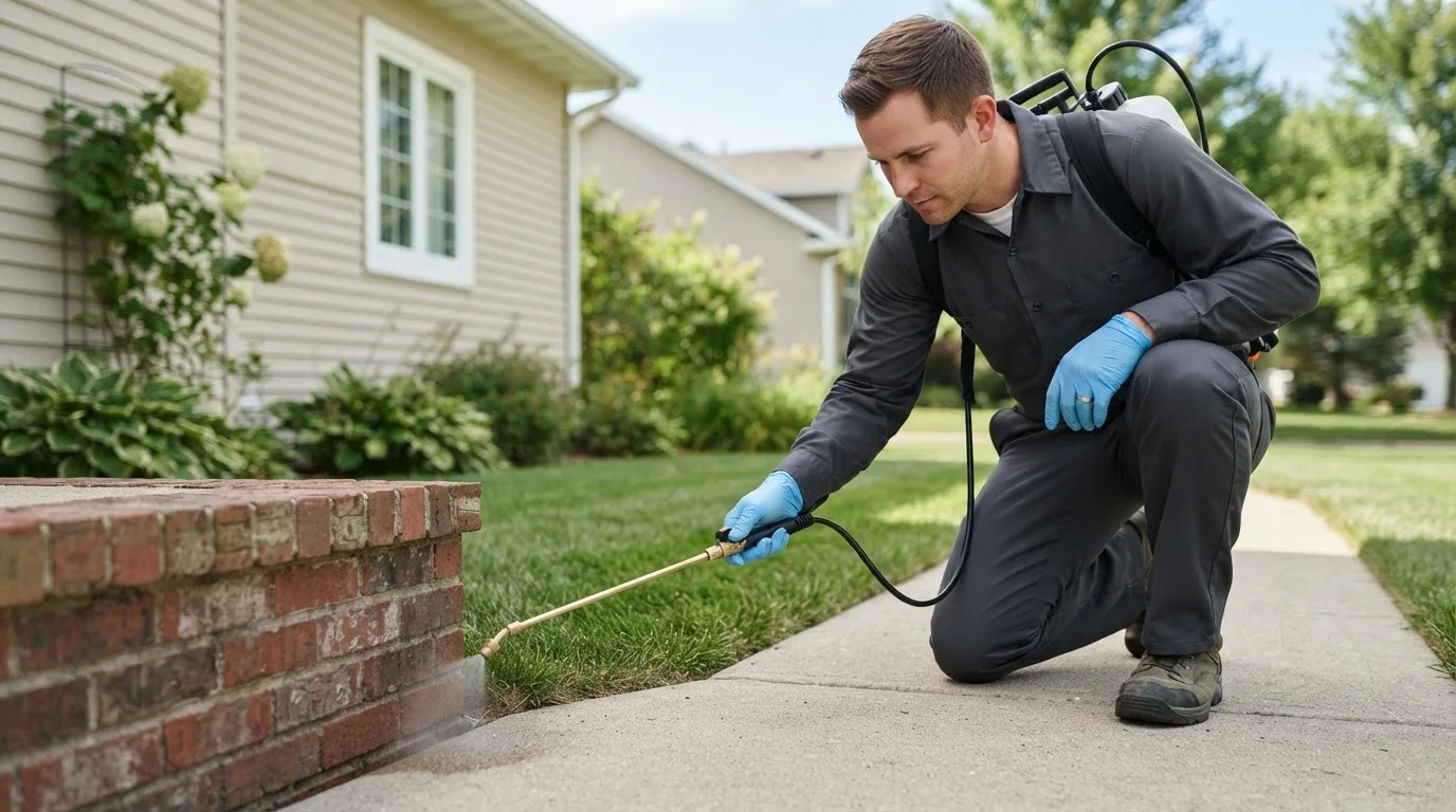 Pest control technician treating a home near Aurora, NY